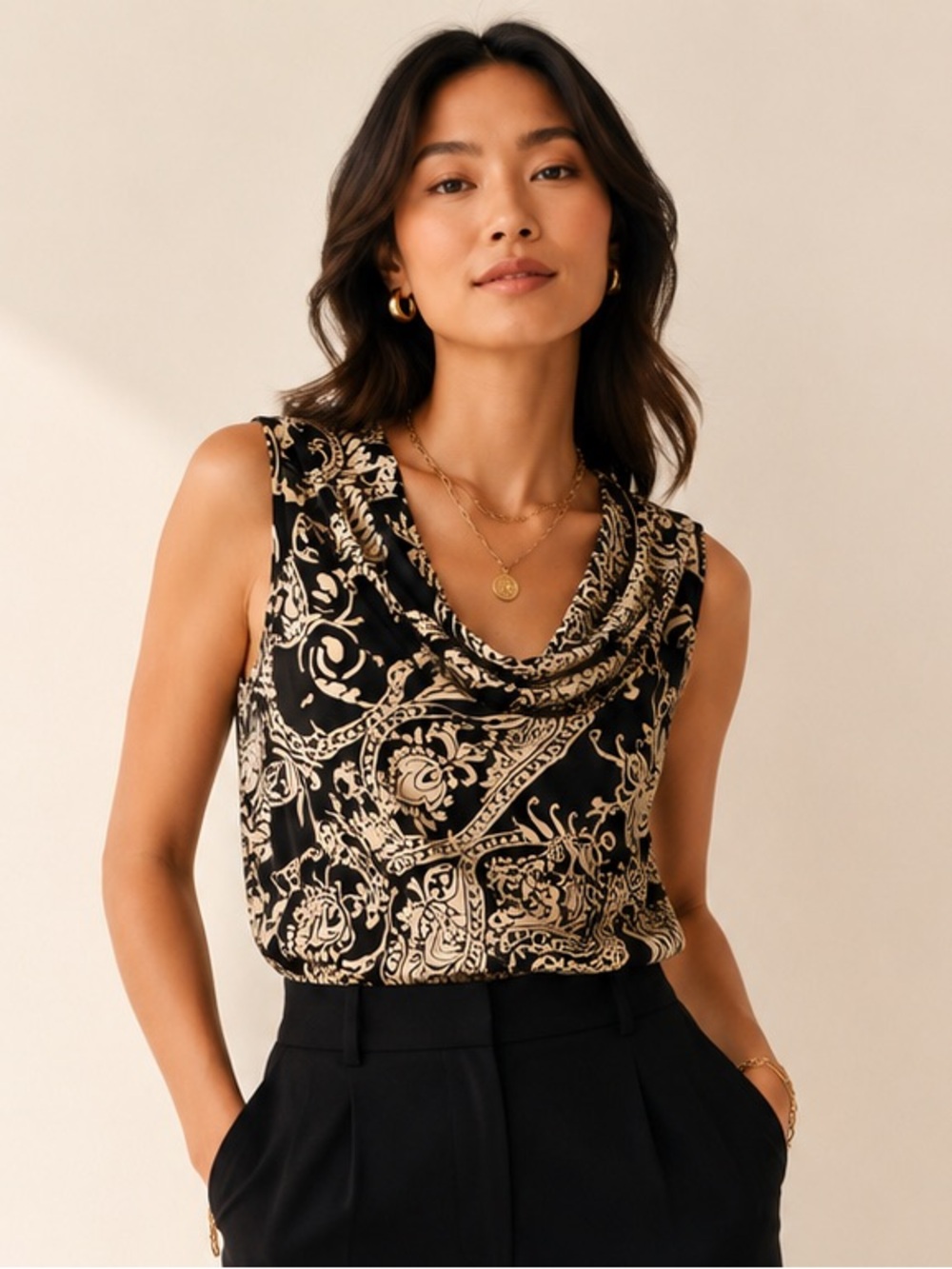 FIFTEEN TWENTY Black and Gold Paisley Cowl Neck Camisole Size M